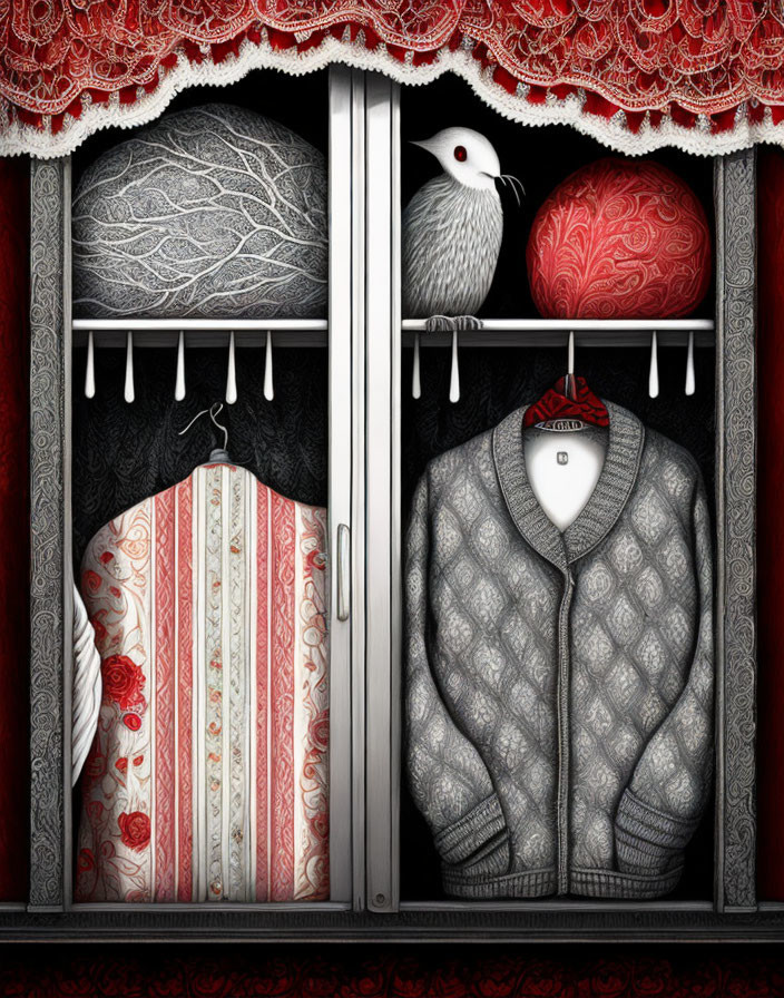 Ornate wardrobe with floral dress, sweater, yarn balls, and bird