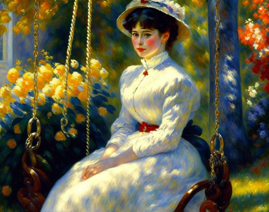 Woman in white dress on swing amidst flowers and greenery