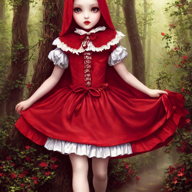 Doll-like figure in red cape and dress in whimsical forest setting