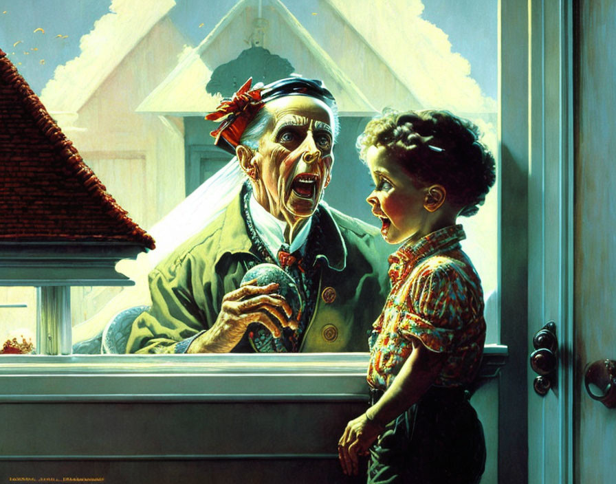 Elderly man with feather stares at boy with marbles through window