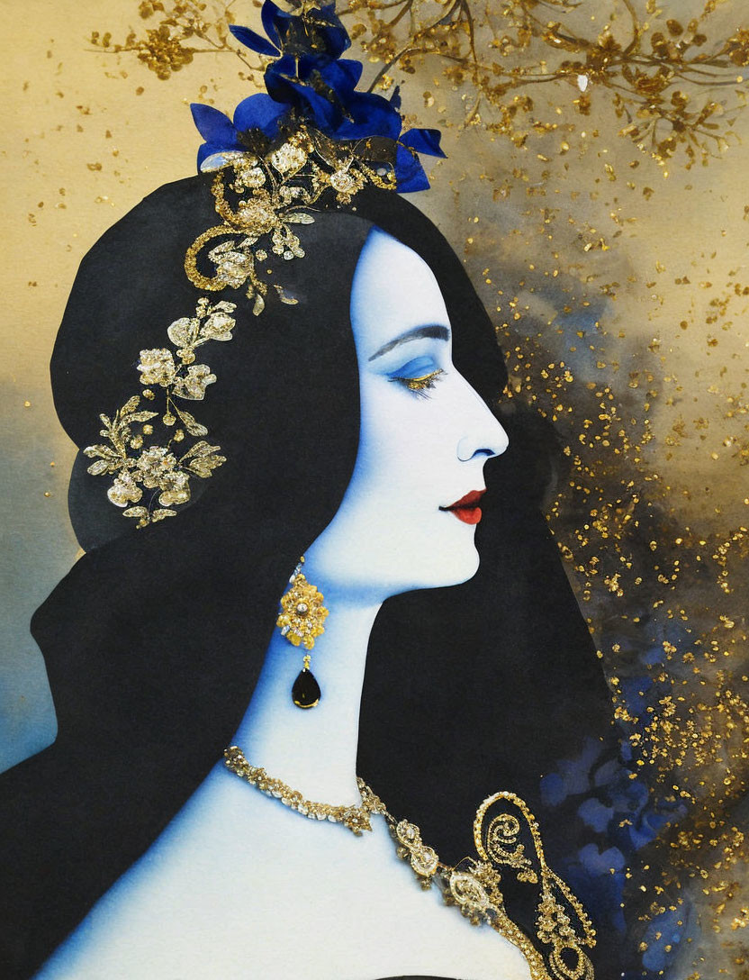 Woman with Blue Flower Crown and Gold Adornments on Golden Background