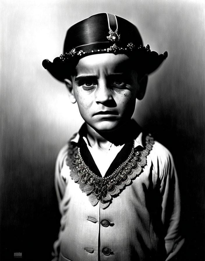 Monochrome image of young boy in tear-like face paint & vintage attire