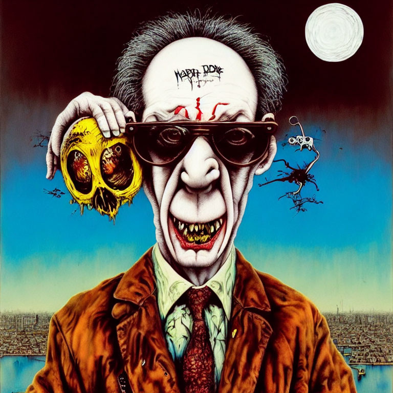 Surreal portrait of man with exaggerated features holding skull and wearing 'HAPPY DAYS' glasses