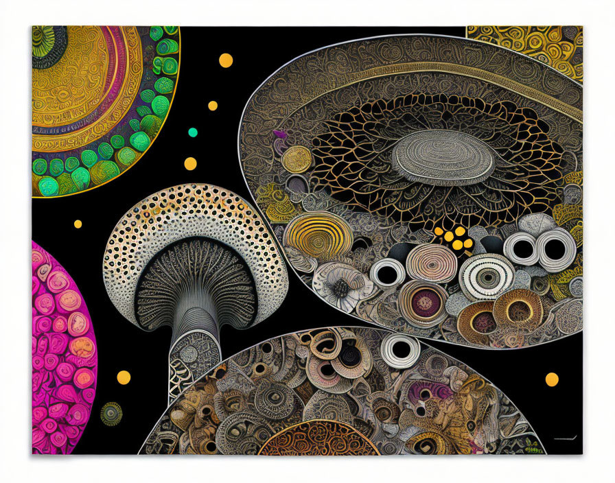 Vibrant Mushroom Artwork on Black Background