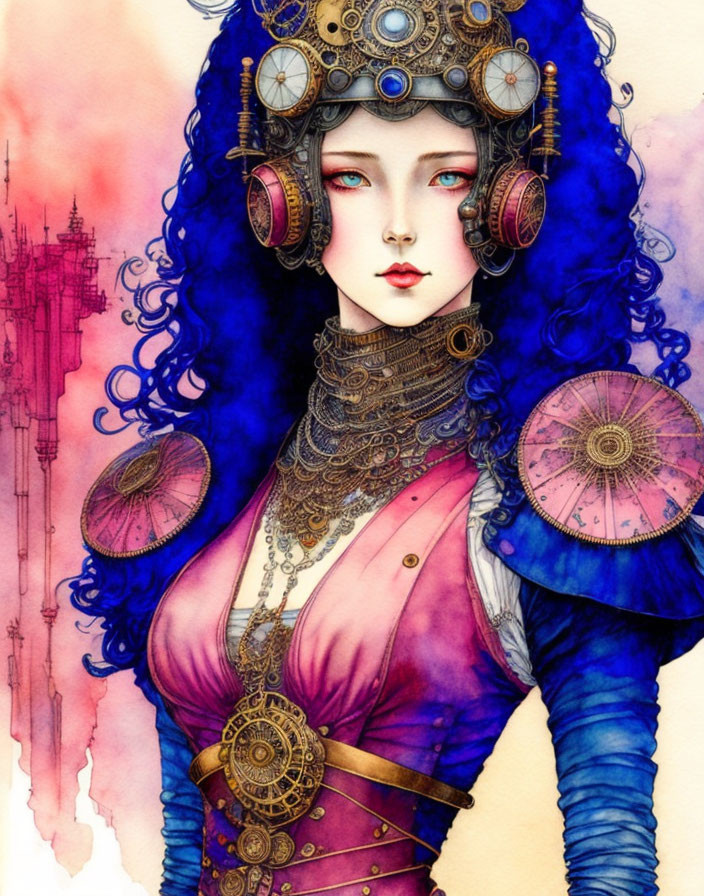 Colorful steampunk woman with blue hair and gear accessories in watercolor art