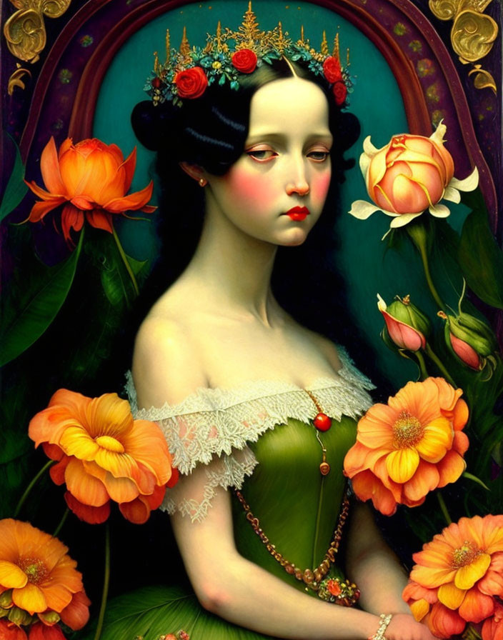 Portrait of woman with pale skin, fruit and flower crown, surrounded by orange blossoms on dark green