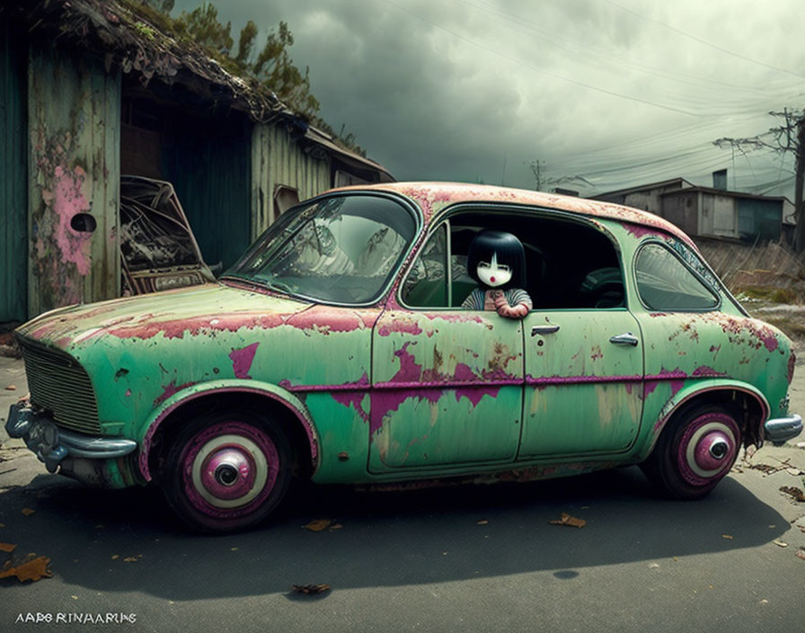 Vintage car with peeling green paint and masked character in abandoned urban setting