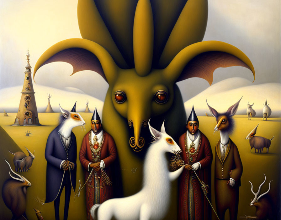 Surreal painting of anthropomorphic fox-like creatures in elaborate attire