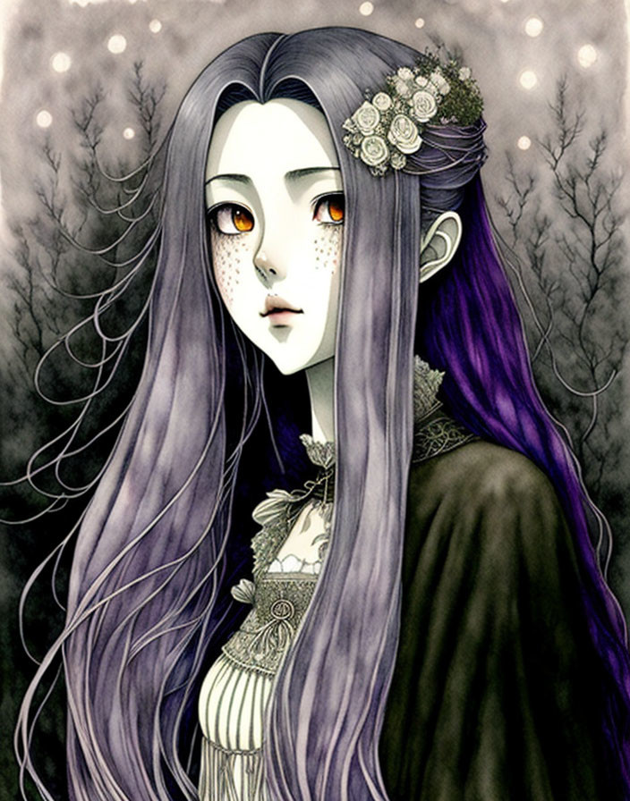 Character with Long Purple Hair and Floral Headpiece on Muted Background