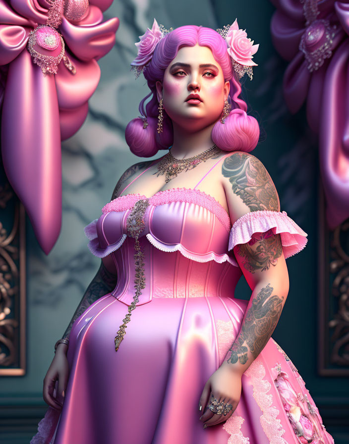 Stylized illustration of woman with pink hair and ornate dress