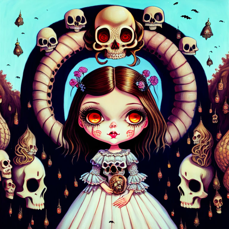 Surreal illustration: girl with heart-shaped pupils, skulls, tentacles, bats, blue backdrop