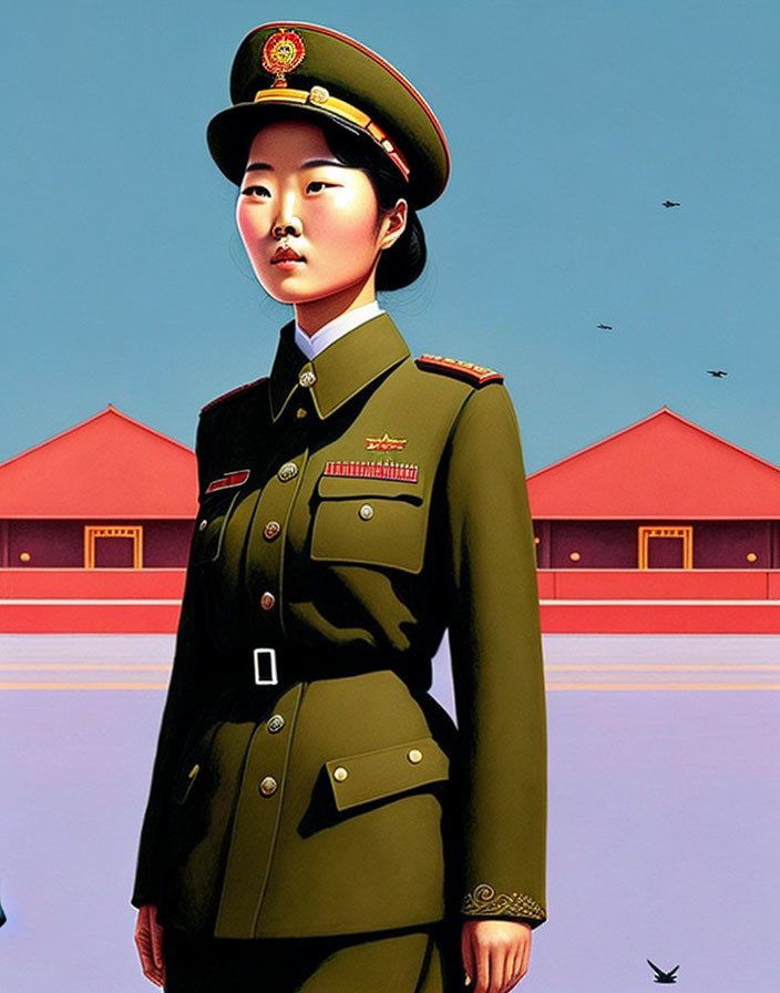 Portrait of woman in military uniform with red star cap against red buildings and blue sky