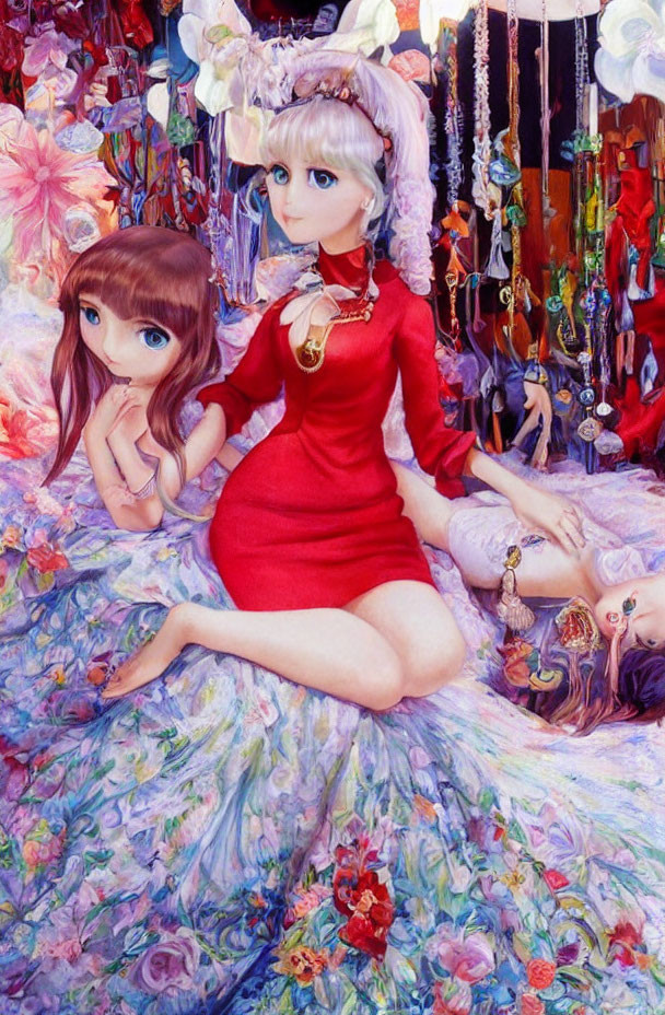 Three Female Characters with Unique Hairstyles in Colorful, Fantastical Setting