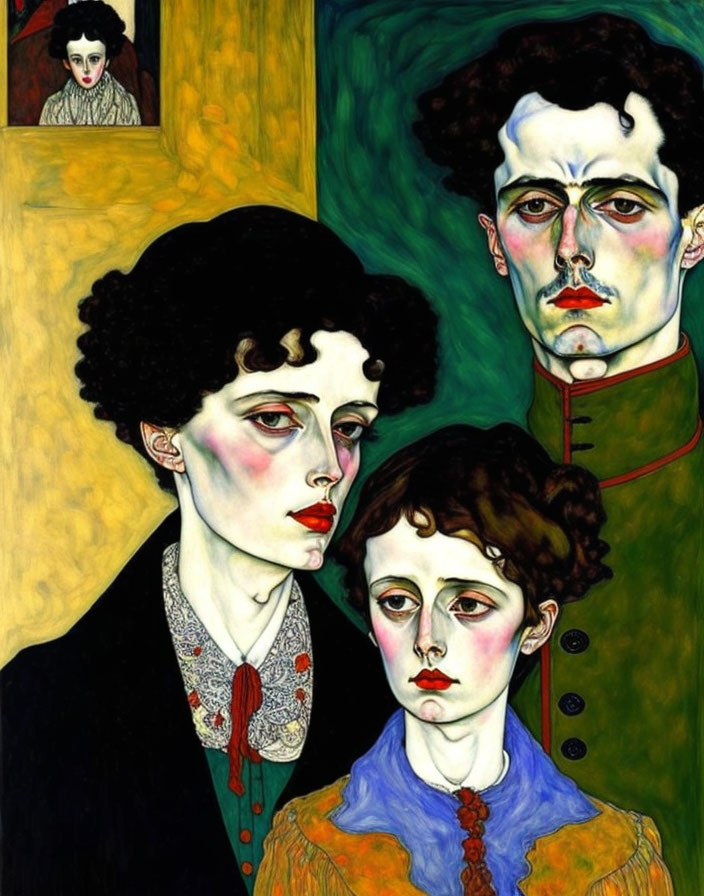 Three stylized figures in vibrant clothes on green and yellow background with small hanging portrait