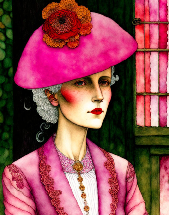 Pale-skinned woman in pink hat and jacket against stained glass background