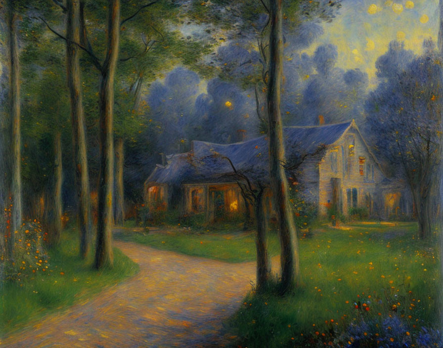 Tranquil evening scene: cobblestone path, cozy house, lush trees, glowing lanterns