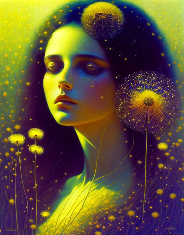 Digital art: Woman's face with glowing dandelion flowers in neon-lit, magical scene