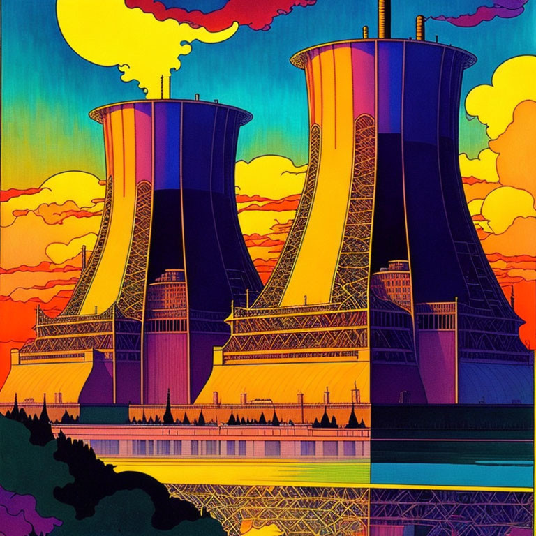 Colorful illustration of nuclear power plant against psychedelic sky