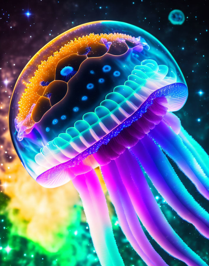 Colorful Digital Jellyfish Against Cosmic Background