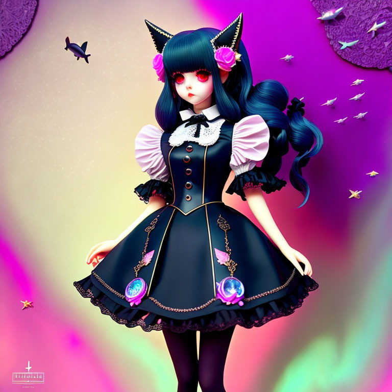 Anime-style girl with cat ears in black and purple dress against fantasy background with butterflies