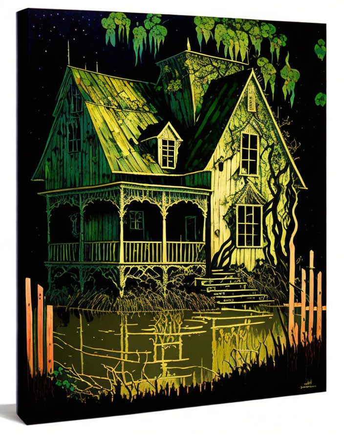 Eerie green-lit two-story house with overgrown vegetation and reflecting water.