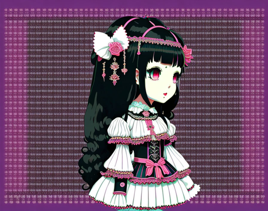 Detailed Gothic Lolita Girl Illustration with Long Black Hair