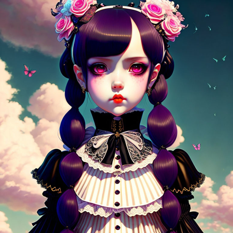 Stylized illustration of girl in Gothic Lolita dress with expressive eyes