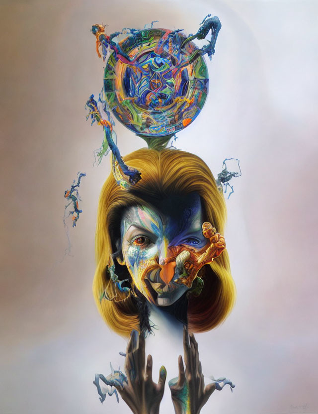 Colorful surreal portrait with extended hands and abstract sphere.