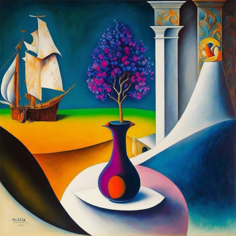 Vibrant surreal painting with vase, blooming tree, sailboat, and classical architecture elements.