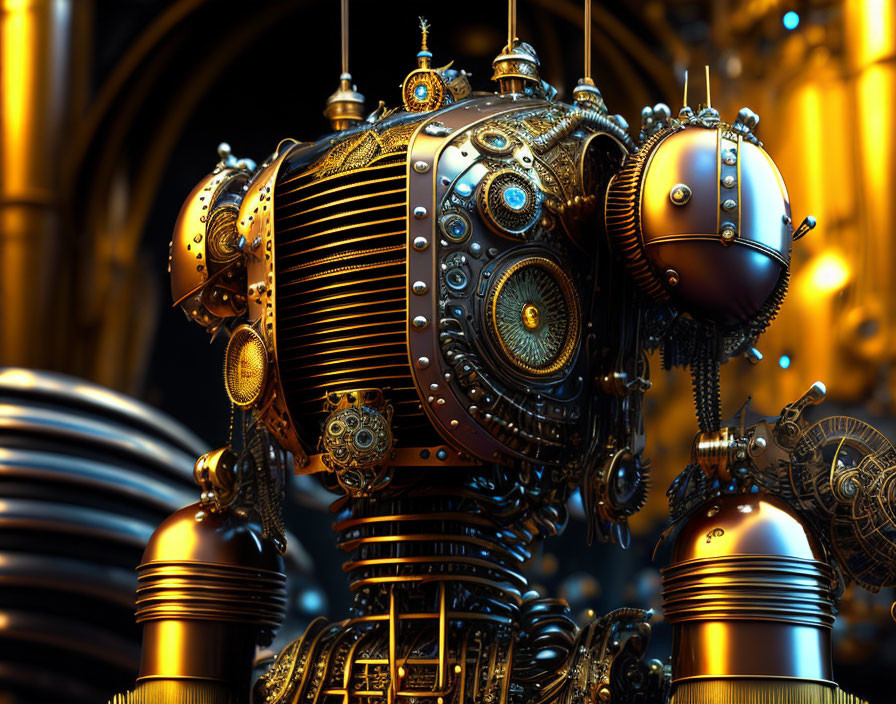 Steampunk-themed metallic spheres and ornate gears on amber-lit backdrop