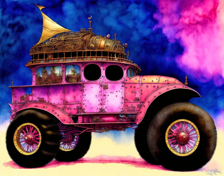 Whimsical pink vintage vehicle with golden embellishments and sail against blue sky