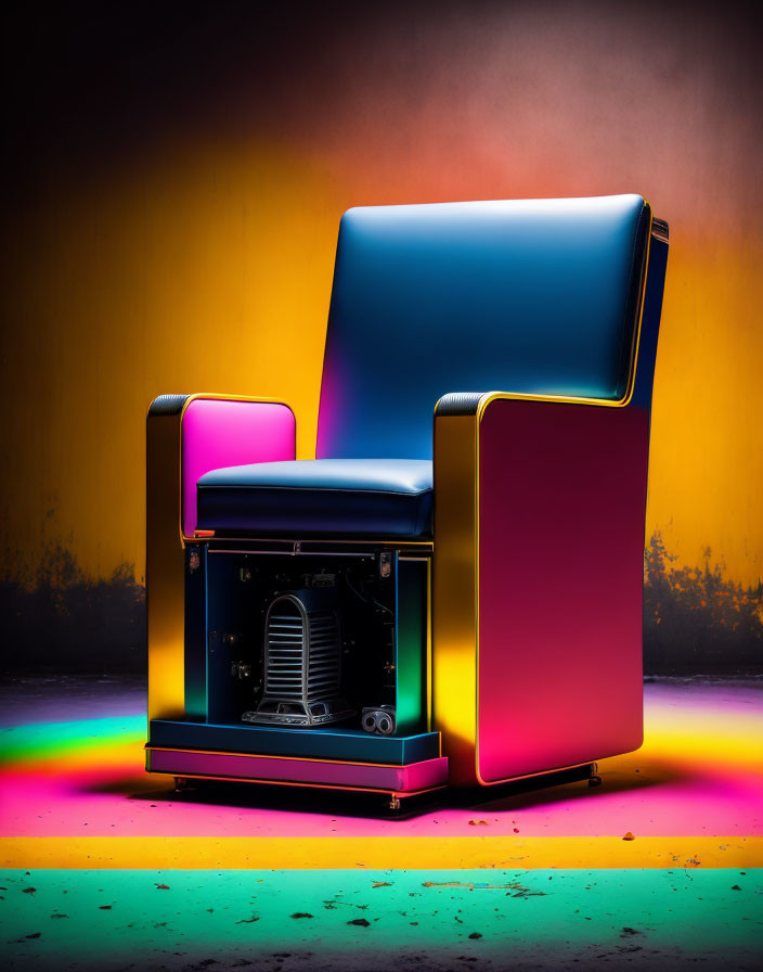 Colorful illuminated gaming chair with built-in computer case on glowing floor