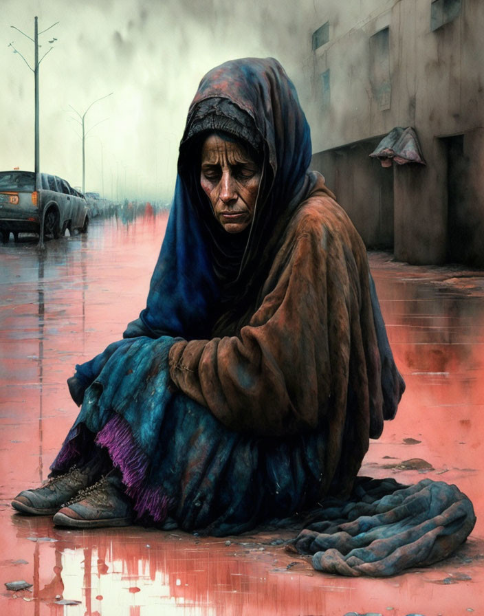 Somber painting of homeless woman in blue and brown shawl in rainy urban setting