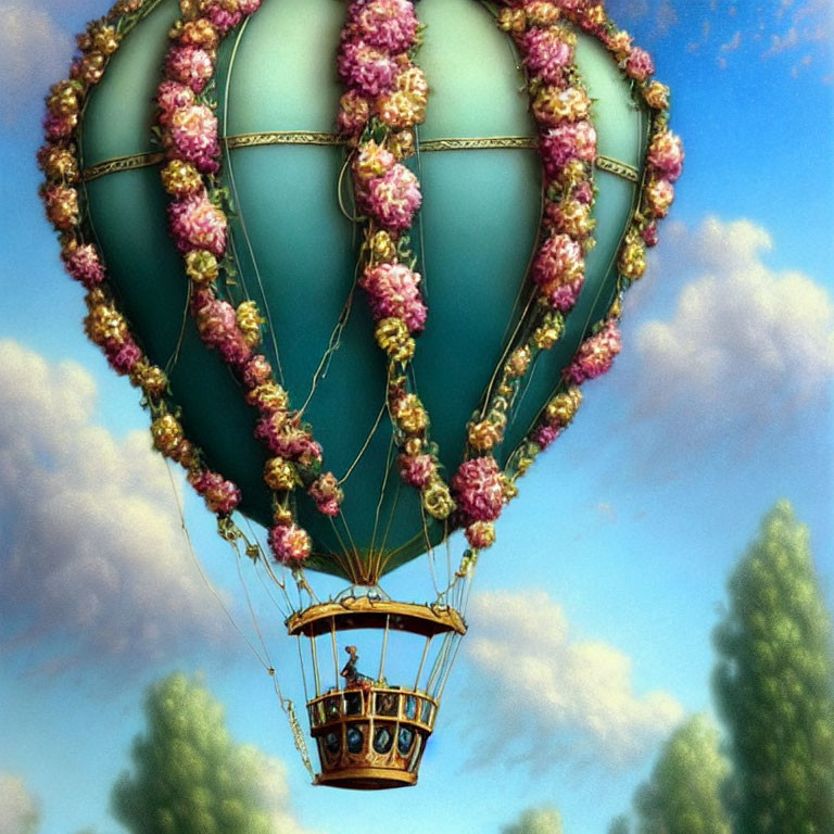 Pink flower hot air balloon floating in clear blue sky with greenery below