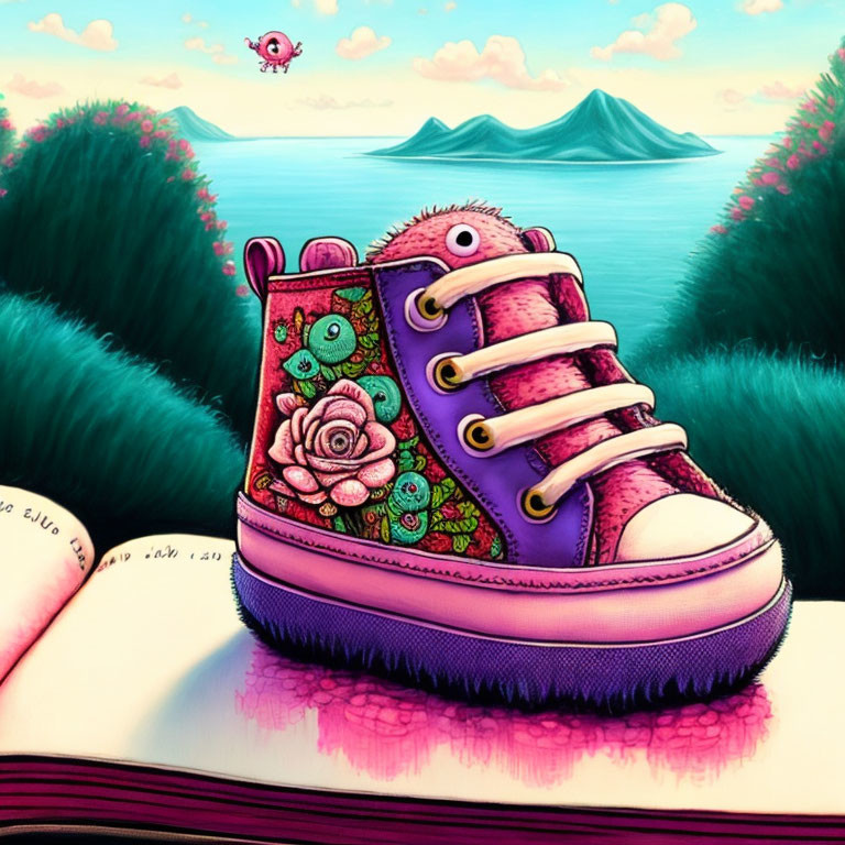 Illustration of giant pink sneaker with lush ecosystem inside and flying creature in landscape