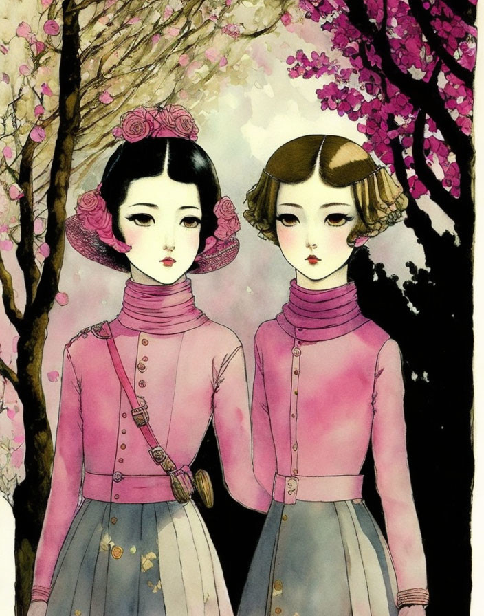 Stylized female figures in Victorian-era attire with cherry blossoms backdrop