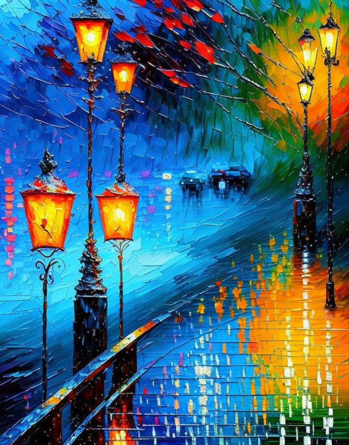 Rainy night street scene oil painting with illuminated street lamps and reflections.