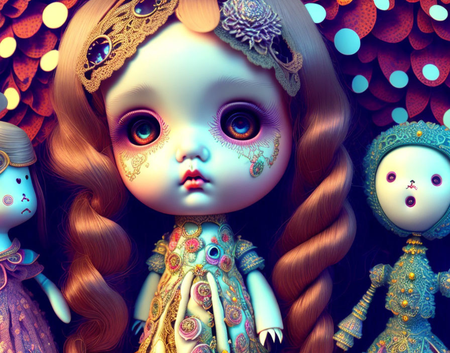 Ornate doll-like figures with intricate designs and large eyes in a whimsical setting.