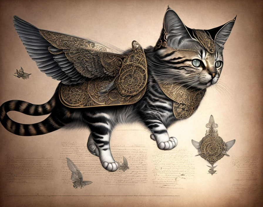 Steampunk-style winged tabby cat illustration on vintage paper background