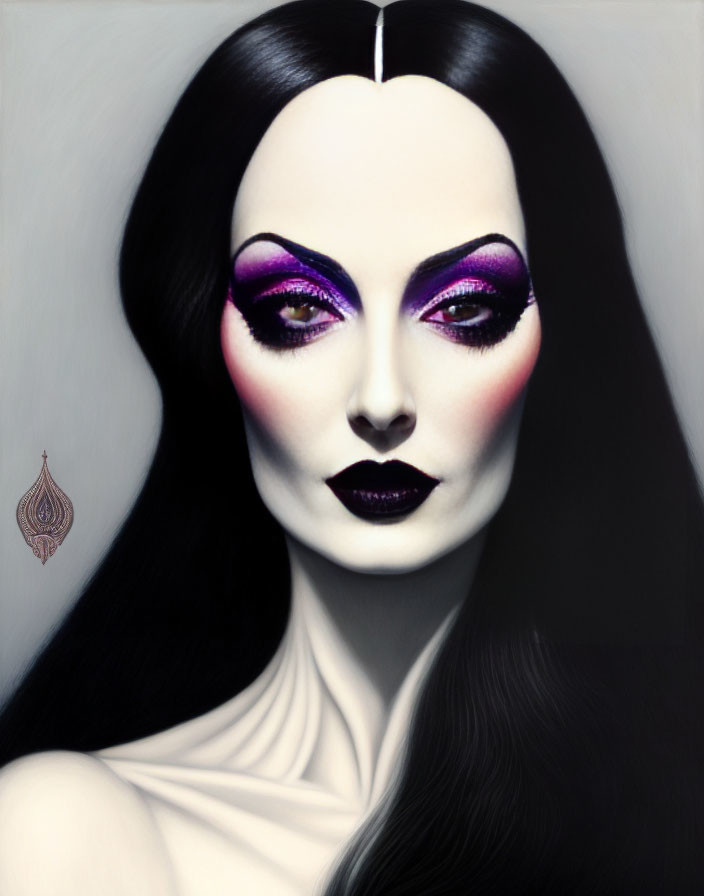 Stylized portrait of woman with purple eye makeup and black lipstick