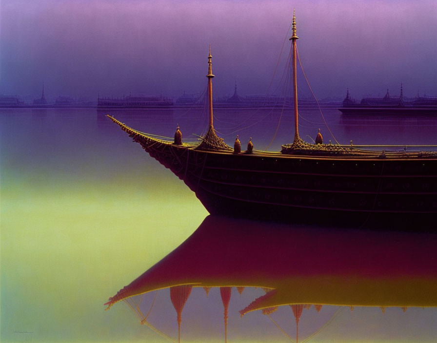 Ornate wooden ship with multiple masts on tranquil water