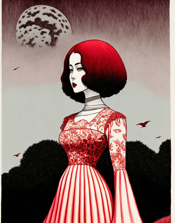 Red-haired woman in red dress under moonlit sky with birds and trees