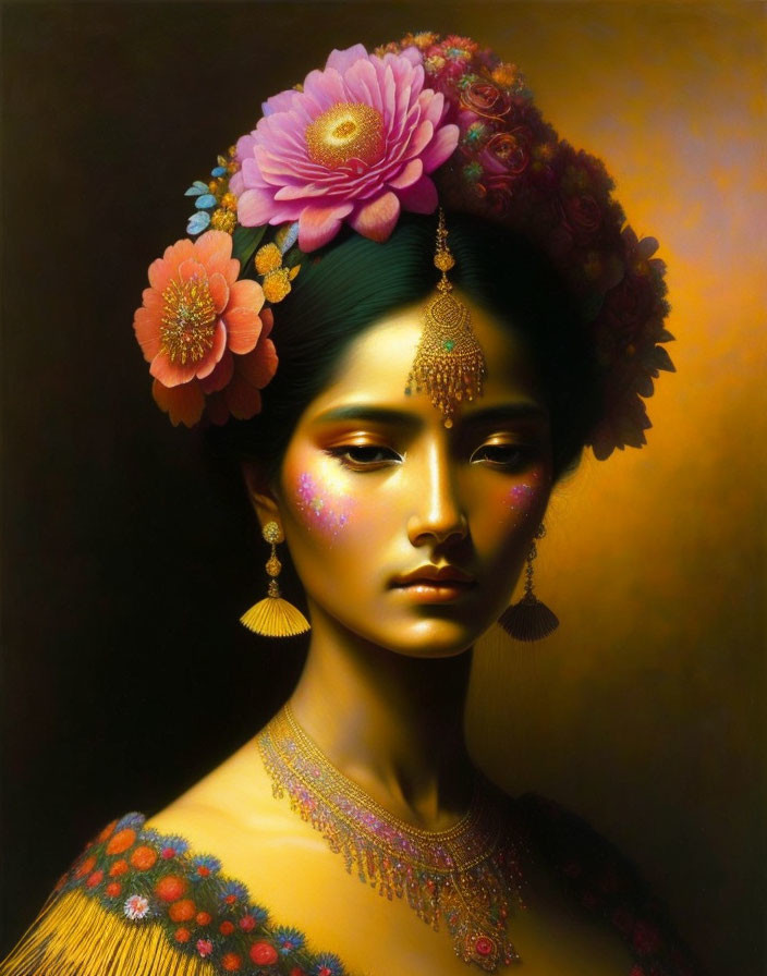 Portrait of woman with floral headpiece, vibrant makeup, and ornate jewelry