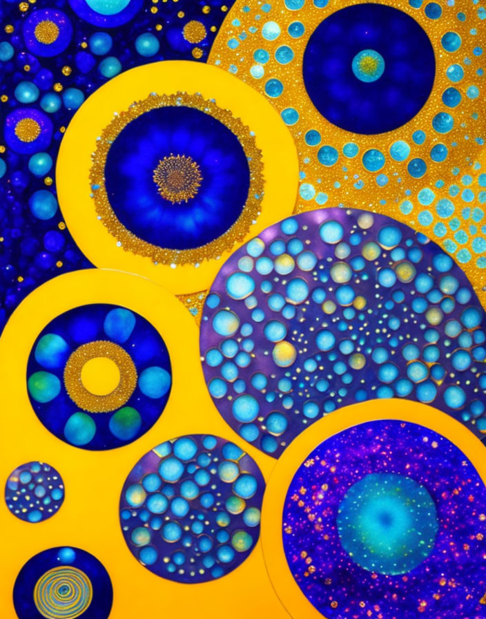 Colorful Abstract Artwork: Intricate Blue Circles on Yellow Background