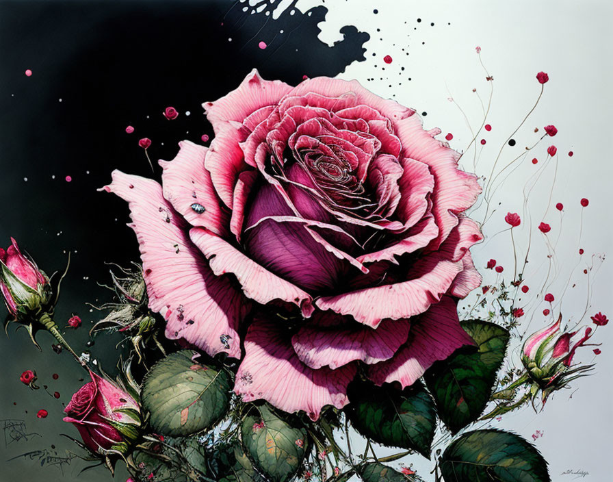 Large pink rose with variegated petals and red droplets on dark background