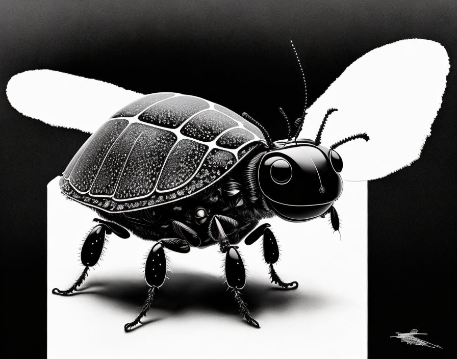 Detailed Black and White Beetle Illustration on White Surface