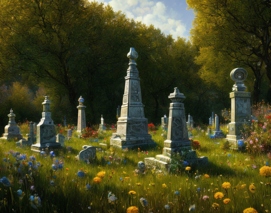 Ornate gravestones in lush greenery with colorful wildflowers