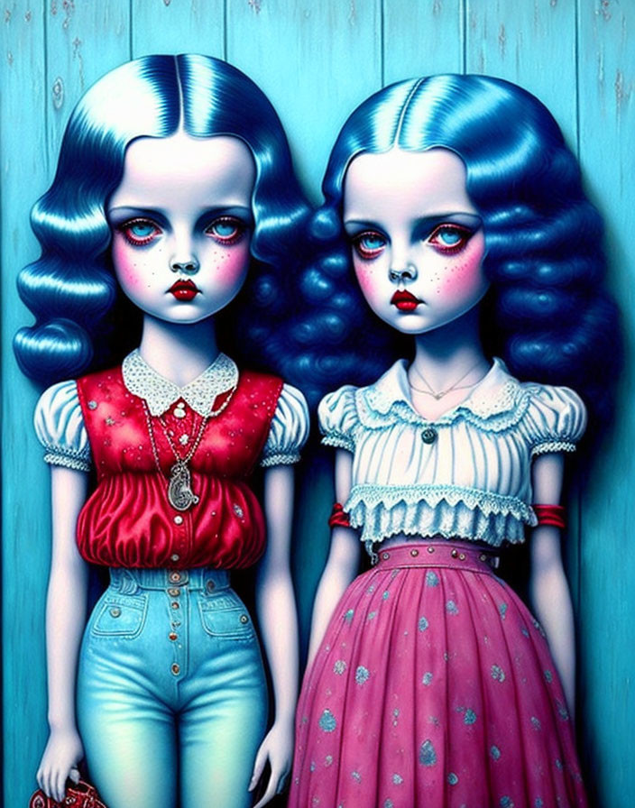 Identical female dolls with blue hair and pale skin in different outfits.