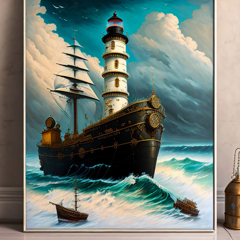 Imaginative painting of large ship with lighthouse towers amidst dramatic clouds