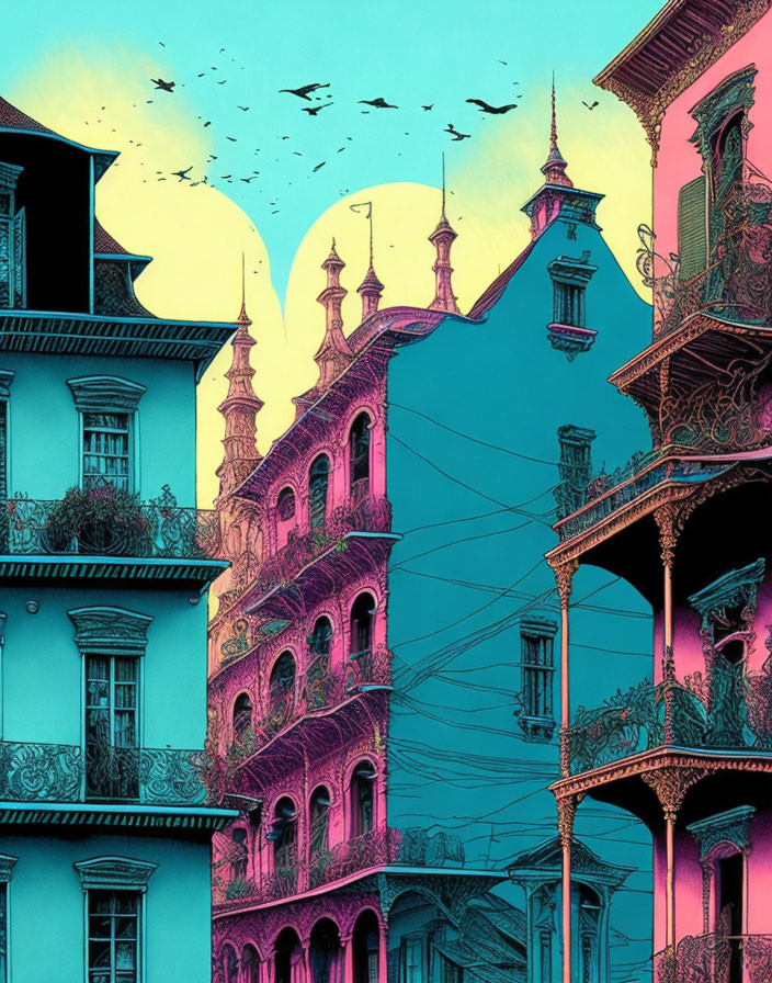 Ornate Multi-Story Buildings with Balconies in Blue and Pink Twilight Scene